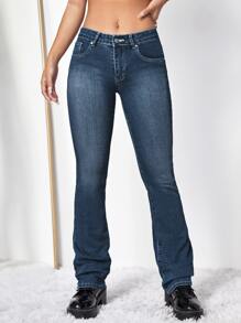 SHEIN ICON Jeans bootcut con bordado floral - Azul lavado oscuro - Ver 2