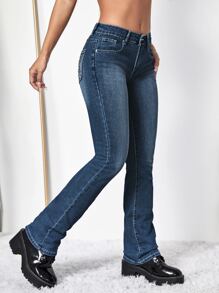 SHEIN ICON Jeans bootcut con bordado floral - Azul lavado oscuro - Ver 3