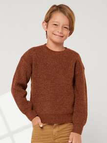 SHEIN Boys Drop Shoulder Jumper - Coffee Brown - View 1