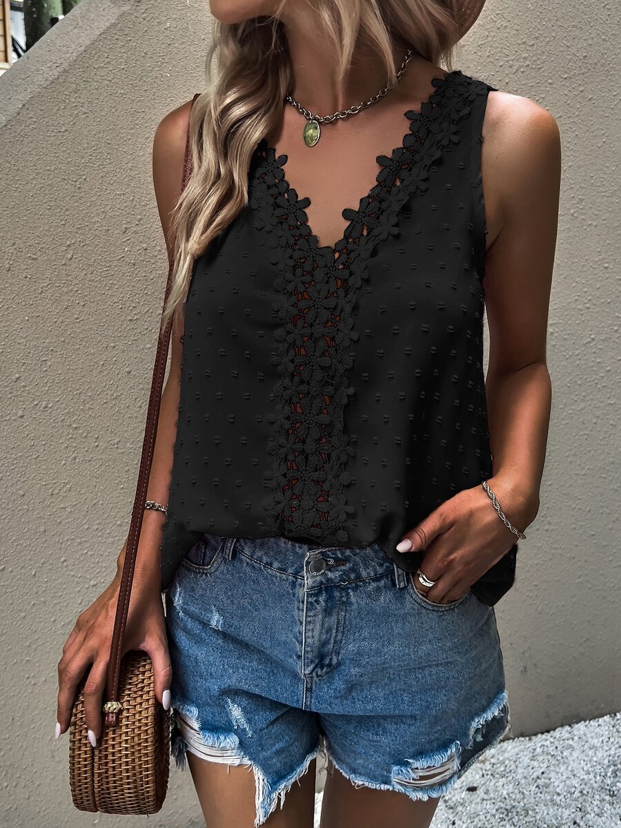 Áo sơ mi nữ Tương phản ren màu trơn Boho - màu đen - Xem 1