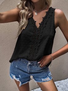 Áo sơ mi nữ Tương phản ren màu trơn Boho - màu đen - Xem 4