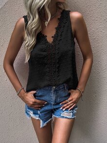 Áo sơ mi nữ Tương phản ren màu trơn Boho - màu đen - Xem 5