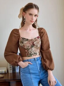 SHEIN MOD Áo sơ mi nữ Dải chun Hoa Thanh lịch - Cà phê nâu - Xem 2