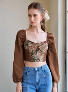 SHEIN MOD Áo sơ mi nữ Dải chun Hoa Thanh lịch - Cà phê nâu - Xem 3