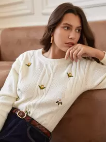SHEIN Frenchy 花卉刺繡落肩袖麻花編織套頭毛衣 - 白色 - 查看 2