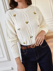 SHEIN Frenchy 花卉刺繡落肩袖麻花編織套頭毛衣 - 白色 - 查看 1