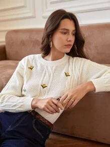 SHEIN Frenchy 花卉刺繡落肩袖麻花編織套頭毛衣 - 白色 - 查看 3
