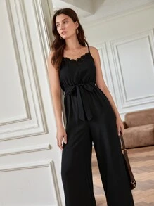 SHEIN Frenchy 拼接水溶蕾絲腰帶吊帶連體褲 - 黑色 - 查看 3