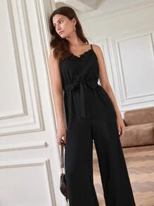 SHEIN Frenchy 拼接水溶蕾絲腰帶吊帶連體褲 - 黑色 - 查看 6