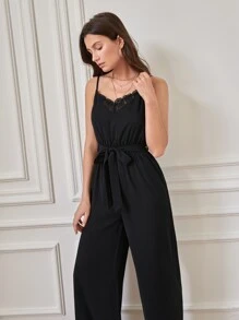 SHEIN Frenchy 拼接水溶蕾絲腰帶吊帶連體褲 - 黑色 - 查看 5