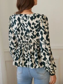 SHEIN Frenchy Surplice Neck Allover Print Peplum Top - Multicolor - View 6