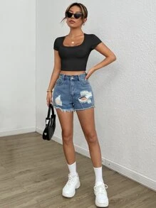 SHEIN EZwear Áo thun croptop cổ tròn màu trơn Y2K - màu đen - Xem 5