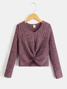 SHEIN 女小童扭結下擺T恤 - 紅木色 - 查看 1