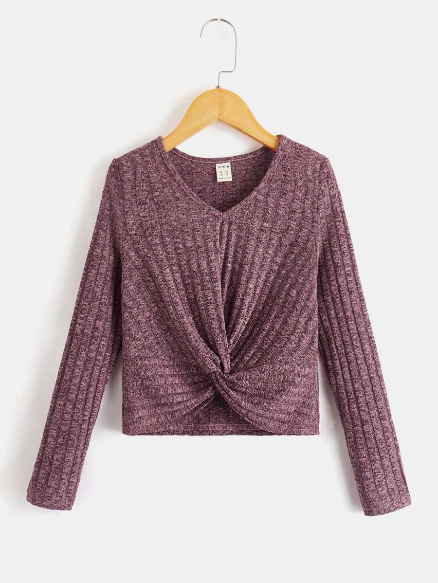 SHEIN 女小童扭結下擺T恤 - 紅木色 - 查看 1