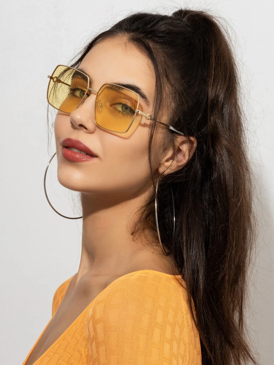 1副時尚金屬方形裝飾眼鏡，附眼鏡盒 - 黃色 - 查看 1