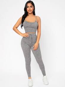 SHEIN PETITE Marled Knit Crop Cami Top & Leggings Set - Light Grey - View 1