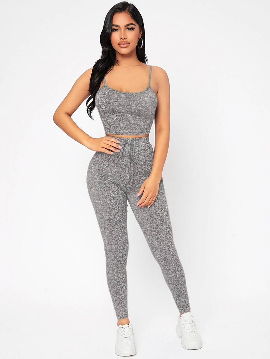 SHEIN PETITE Marled Knit Crop Cami Top & Leggings Set - Light Grey - View 1