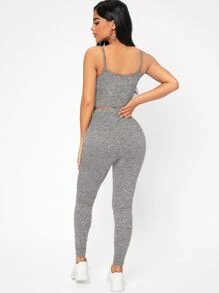 SHEIN PETITE Marled Knit Crop Cami Top & Leggings Set - Light Grey - View 2