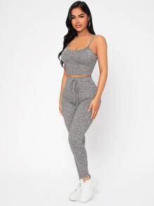 SHEIN PETITE Marled Knit Crop Cami Top & Leggings Set - Light Grey - View 3