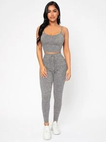 SHEIN PETITE Marled Knit Crop Cami Top & Leggings Set - Light Grey - View 4