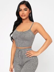 SHEIN PETITE Marled Knit Crop Cami Top & Leggings Set - Light Grey - View 5
