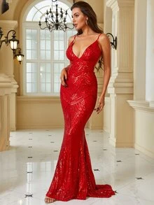 LOVE&LEMONADE Đầm dạ hội hở lưng, dáng đuôi cá, đính sequin, kiểu dáng slip, thích hợp dự tiệc, đám cưới, tiệc tối, màu đỏ mùa xuân. - Đỏ - Xem 7