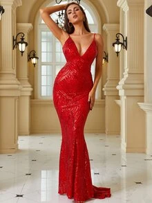 LOVE&LEMONADE Đầm dạ hội hở lưng, dáng đuôi cá, đính sequin, kiểu dáng slip, thích hợp dự tiệc, đám cưới, tiệc tối, màu đỏ mùa xuân. - Đỏ - Xem 6