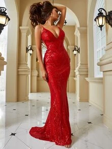 LOVE&LEMONADE Đầm dạ hội hở lưng, dáng đuôi cá, đính sequin, kiểu dáng slip, thích hợp dự tiệc, đám cưới, tiệc tối, màu đỏ mùa xuân. - Đỏ - Xem 4