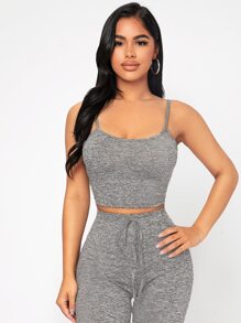 SHEIN PETITE Marled Knit Crop Cami Top & Leggings Set - Light Grey - View 6