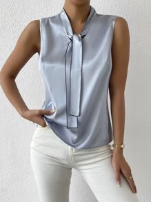 SHEIN LUNE Tie Neck Sleeveless Blouse - Blue - View 5