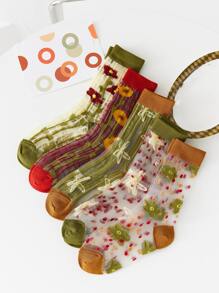 5pairs Floral Mesh Crew Socks, Fall Socks - Multicolor - View 1