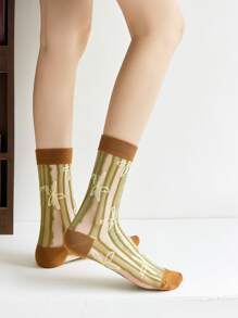 5pairs Floral Mesh Crew Socks, Fall Socks - Multicolor - View 3