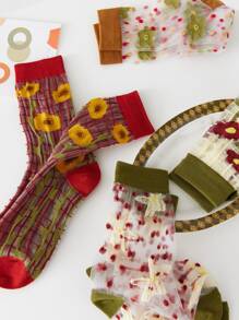 5pairs Floral Mesh Crew Socks, Fall Socks - Multicolor - View 5