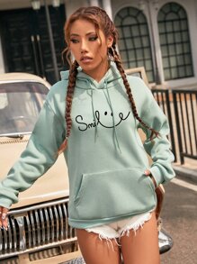 SHEIN EZwear Letter Graphic Kangaroo Pocket Drop Shoulder Drawstring Thermal Hoodie - Mint Green - View 1