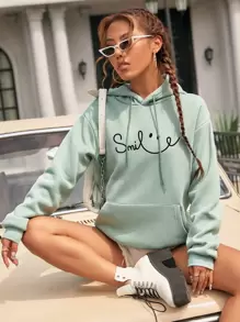 SHEIN EZwear Letter Graphic Kangaroo Pocket Drop Shoulder Drawstring Thermal Hoodie - Mint Green - View 3