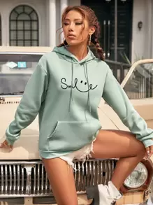 SHEIN EZwear Letter Graphic Kangaroo Pocket Drop Shoulder Drawstring Thermal Hoodie - Mint Green - View 5