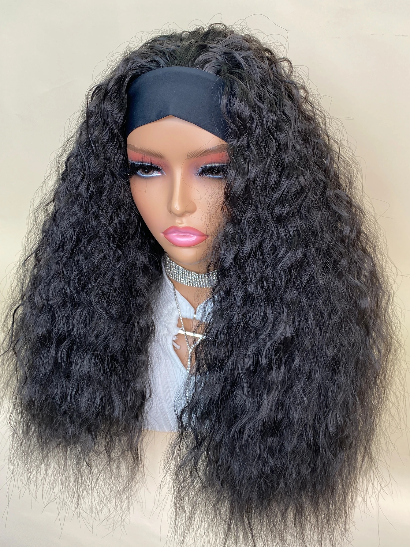 Miniatura 4 de Peluca sintética largo rizado de onda sutil con diadema Negro