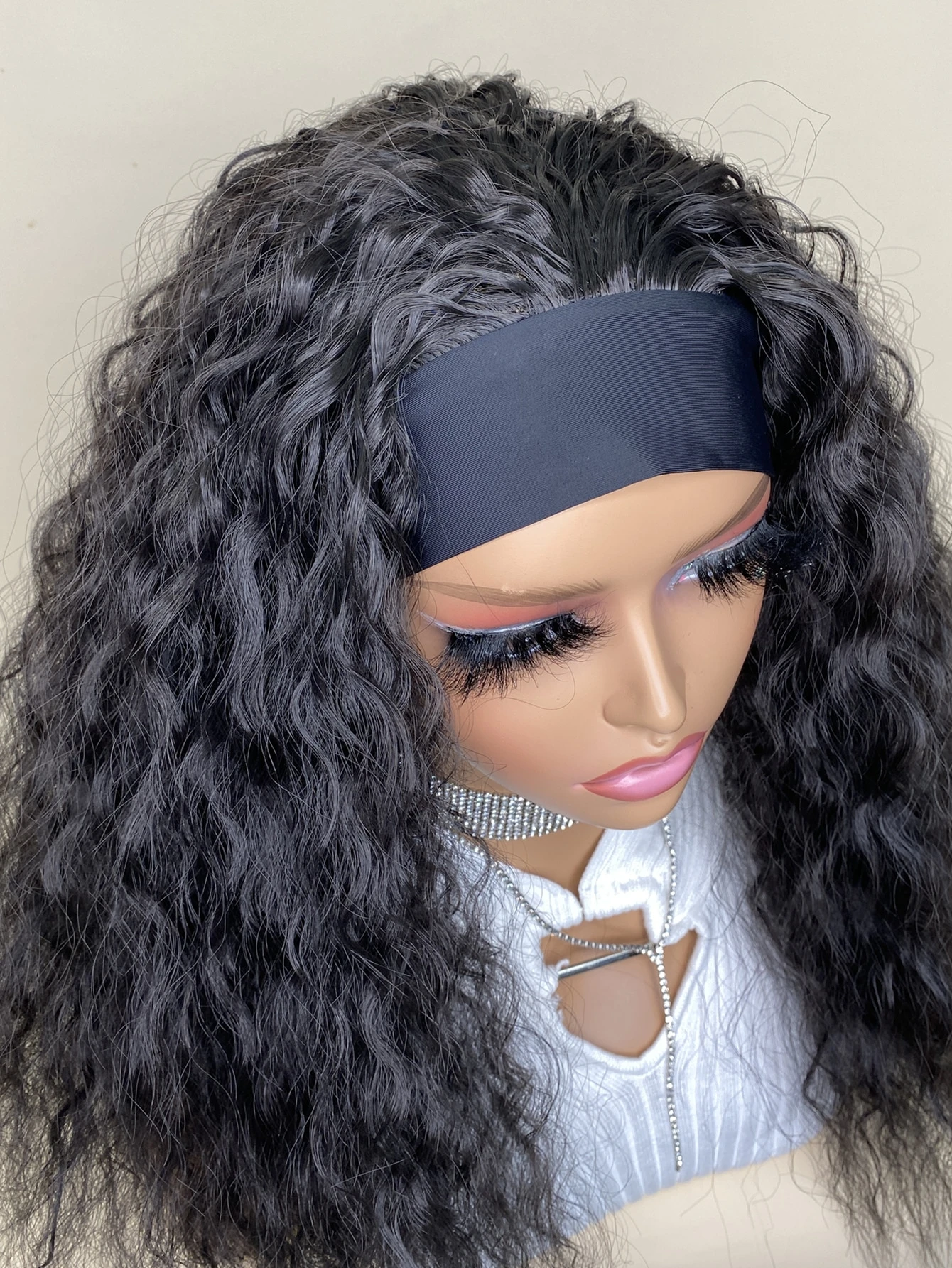 Miniatura 7 de Peluca sintética largo rizado de onda sutil con diadema Negro