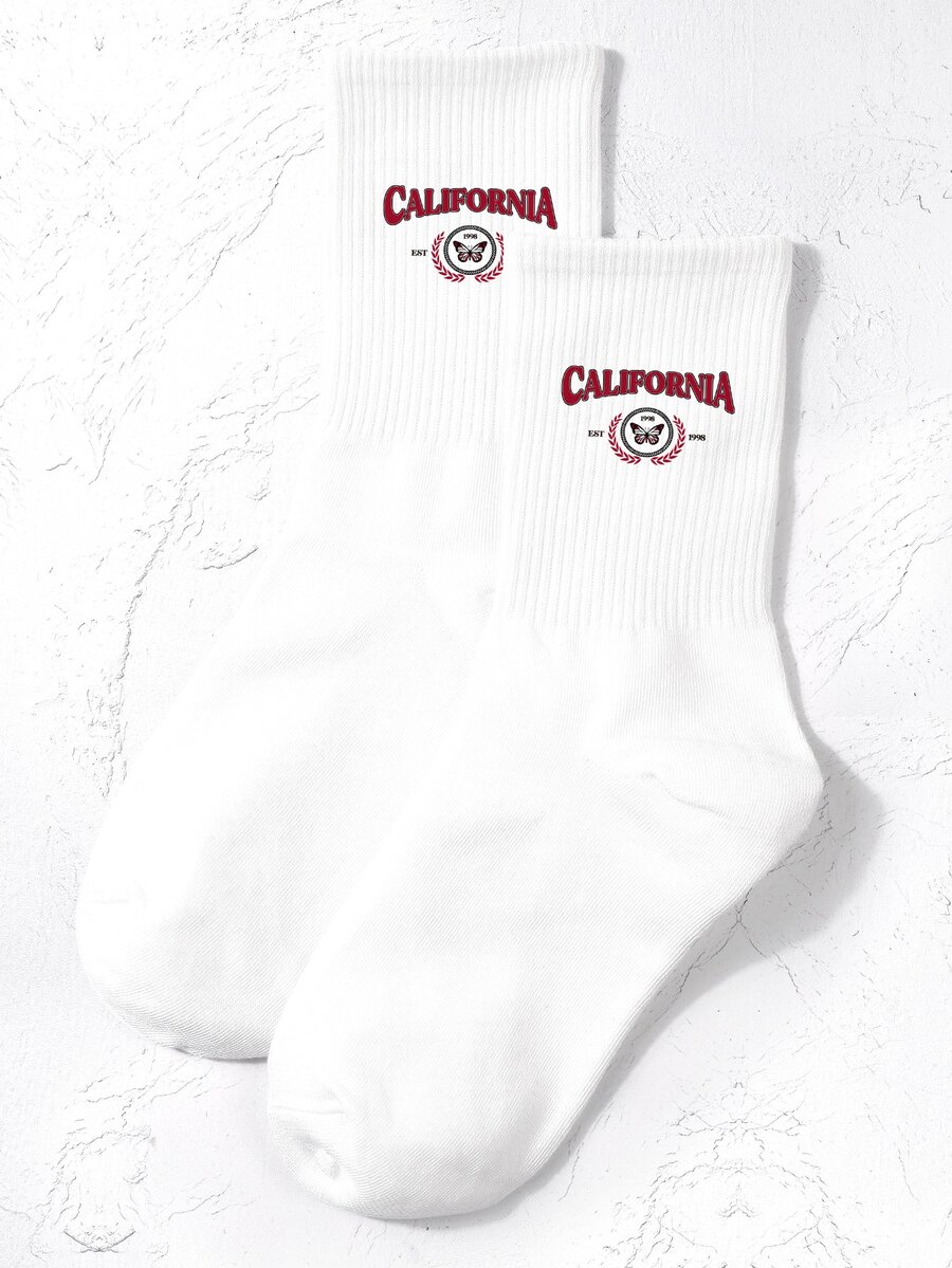 字母圖案中筒襪 - 白色 - 查看 1