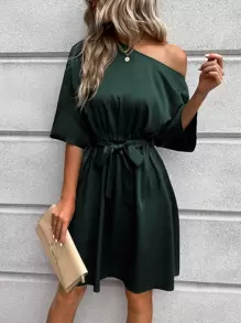 SHEIN Clasi Asymmetrical Neck Belted Dress - Dark Green - View 1