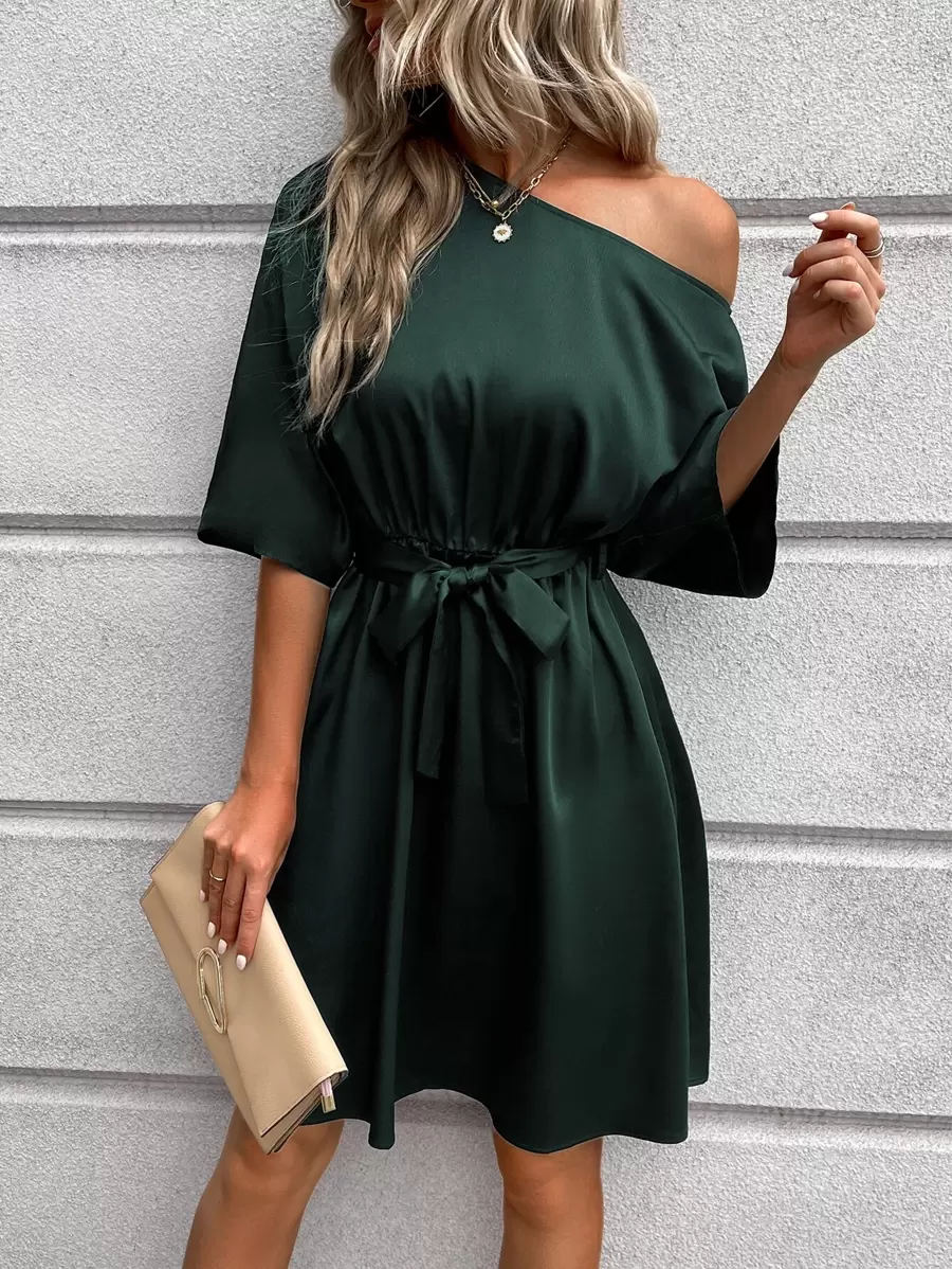 SHEIN Clasi Asymmetrical Neck Belted Dress - Dark Green - View 1