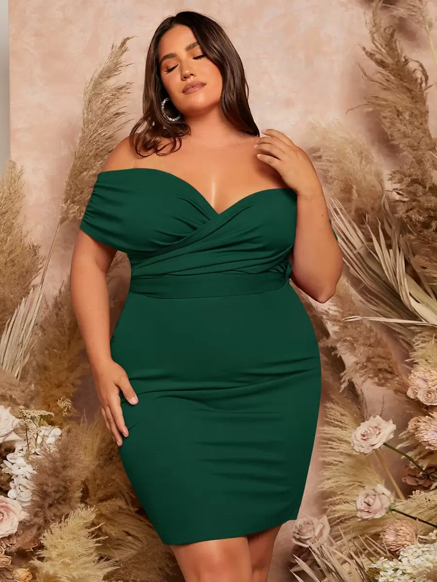 SHEIN Privé Vestido ajustado de hombros descubiertos fruncido con cordón trasero - Verde Oscuro - Ver 1