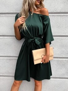 SHEIN Clasi Asymmetrical Neck Belted Dress - Dark Green - View 3