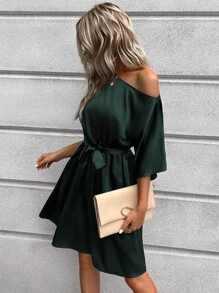 SHEIN Clasi Asymmetrical Neck Belted Dress - Dark Green - View 4