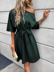 SHEIN Clasi Asymmetrical Neck Belted Dress - Dark Green - View 5