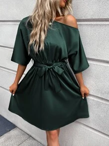 SHEIN Clasi Asymmetrical Neck Belted Dress - Dark Green - View 6