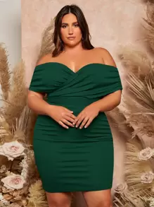 SHEIN Privé Vestido ajustado de hombros descubiertos fruncido con cordón trasero - Verde Oscuro - Ver 5