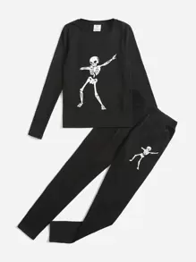 SHEIN Pijama De Calavera Para Niño Preadolescente Con Estampado De Calaveras, Ajuste Ajustado Y Cómodo Para Halloween - Negro - Ver 1
