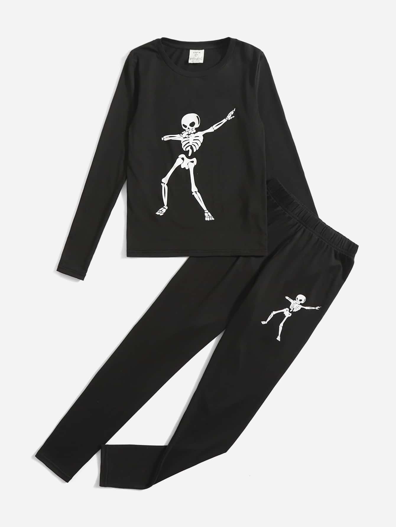 SHEIN Pijama De Calavera Para Niño Preadolescente Con Estampado De Calaveras, Ajuste Ajustado Y Cómodo Para Halloween - Negro - Ver 1