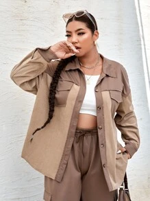 SHEIN EZwear 大碼雙色落肩袖燈芯絨大衣 - 卡其色 - 查看 1